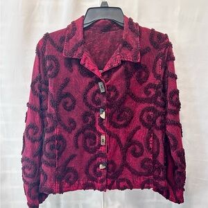 Vtg Produce Company Red Overdye Chenille Swirl Boho Jacket Made in USA Sz M